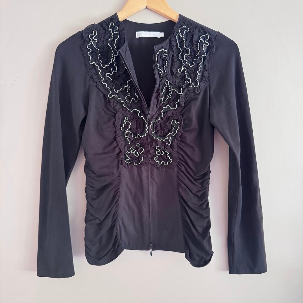 Anne Fontaine Black Embellished Zip Front Blouse Long Sleeve Ruffle Top 6-8